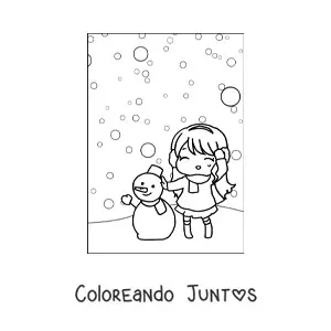 Imagen para colorear de una niña kawaii en una nevada con un muñeco de nieve