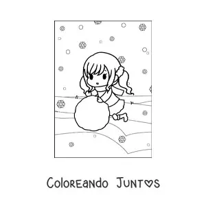 Imagen para colorear de una niña kawaii con una bola de nieve gigante