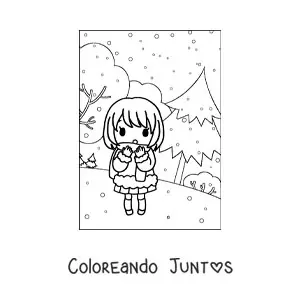 Imagen para colorear de una niña kawaii en un paisaje de invierno