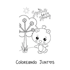 Imagen para colorear de un pollito kawaii junto a la palabra spring