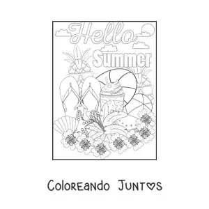 Imagen para colorear de varios elementos del verano y la palabra summer