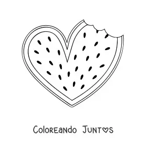 Imagen para colorear de una sandía con forma de corazón mordida a un lado