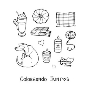 Imagen para colorear de varios elementos otoñales y la palabra autumn