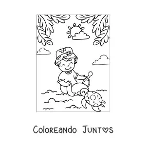 Imagen para colorear de un niño jugando con una tortuga en la playa