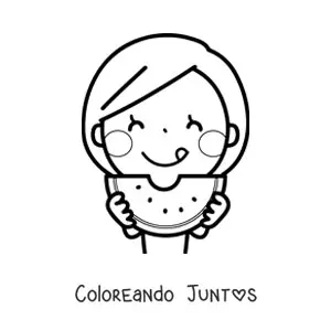 Imagen para colorear de una niña comiendo una sandía con ambas manos