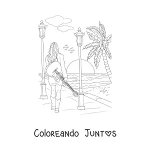 Imagen para colorear de una chica caminando en un  paseo junto a la playa
