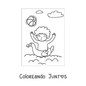 Imagen para colorear de un niño feliz jugando con una pelota en el mar