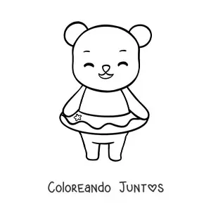 Imagen para colorear de un osito kawaii sonriente usando un aro salvavidas