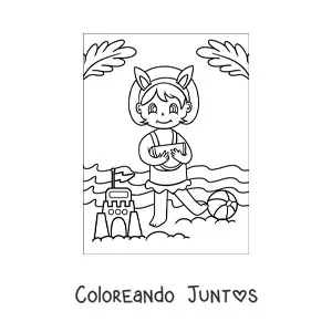 Imagen para colorear de una niña comiendo sandía junto a un castillo de arena en la playa