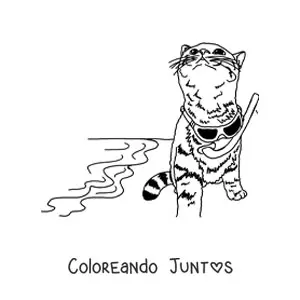Imagen para colorear de un gato realista con lentes de sol en la playa