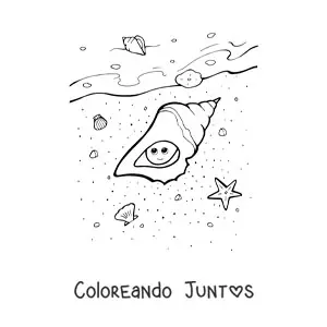 Imagen para colorear de una caracola kawaii en la playa