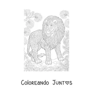 Imagen para colorear de un mandala con diseño de león de selva africana