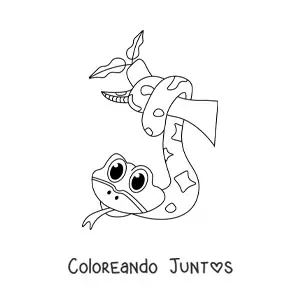 Imagen para colorear de una serpiente kawaii sujetada de la rama de un árbol