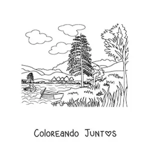 Imagen para colorear de un paisaje con un lago