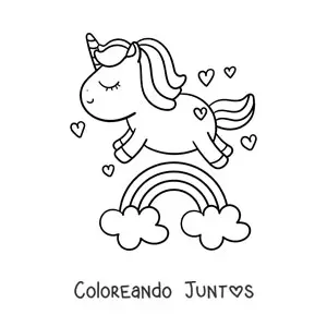 Imagen para colorear de un arcoíris con unicornio kawaii y corazones pequeños