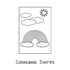 Imagen para colorear de un arcoíris bonito con fondo de nubes y Sol