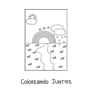 Imagen para colorear de paisaje con un arcoíris, lluvia y Sol