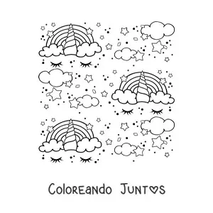 Imagen para colorear de un patrón de arcoíris con forma de unicornio, nubes y estrellas