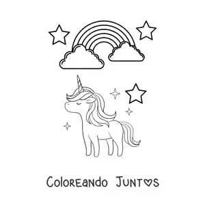 Imagen para colorear de un arcoíris con unicornio y estrellas