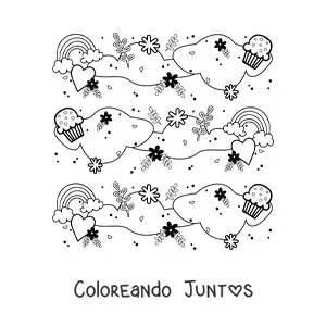 Imagen para colorear de patrón de arcoíris lindos con nubes, cupcakes, corazones, flores y hojas