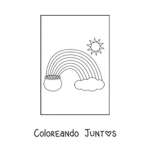 Imagen para colorear de un arcoíris con Sol, nube y olla de oro