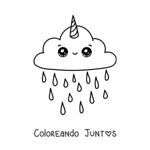 Imagen para colorear de nube de unicornio kawaii con lluvia