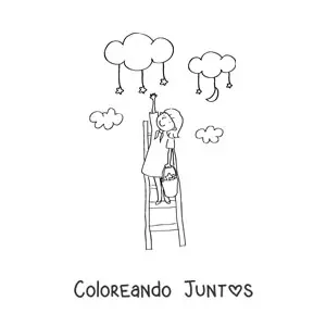Imagen para colorear de niña sobre una escalera alcanzando las nubes y recolectando estrellas
