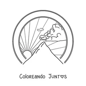 Imagen para colorear de paisaje de montaña con nube realista y Sol al fondo