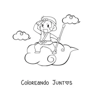 Imagen para colorear de mono animado viajando sobre una nube, con nubes al fondo