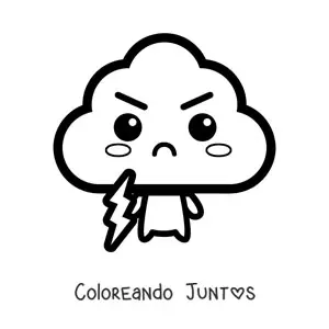 Imagen para colorear de nube animada kawaii sujetando un rayo