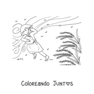 Imagen para colorear de hombre siendo arrastrado por el viento en un trigal
