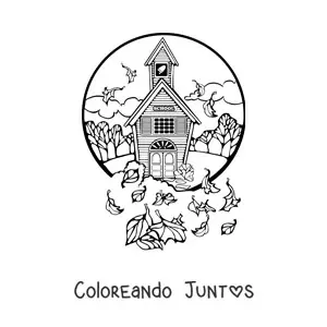 Imagen para colorear de escuela con árboles y hojas al viento