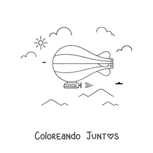 Imagen para colorear de dirigible volando con nubes y montañas en el fondo