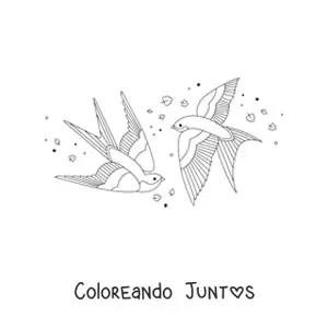 Imagen para colorear de aves volando con hojas al viento en el fondo