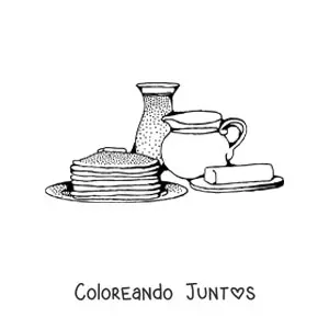 Imagen para colorear de varios panqueques con margarina y leche
