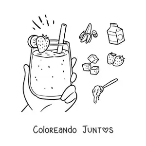 Imagen para colorear de una mano sujetando un batido de fresa rodeada de sus ingredientes