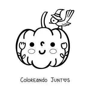 Imagen para colorear de una calabaza kawaii con flores y un pájaro