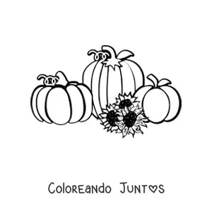 Imagen para colorear de tres calabazas junto a tres girasoles
