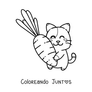 Imagen para colorear de un gato kawaii animado abrazando una zanahoria