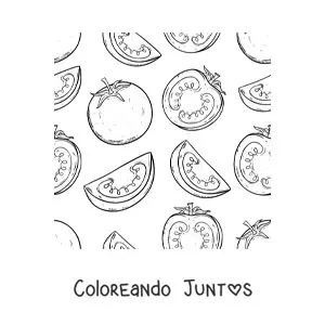 Imagen para colorear de varios tomates y trozos de tomate