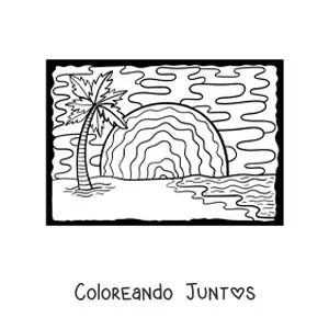 Imagen para colorear de un atardecer en la playa con una palmera