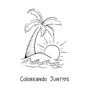 Imagen para colorear de una palmera y el sol en la playa