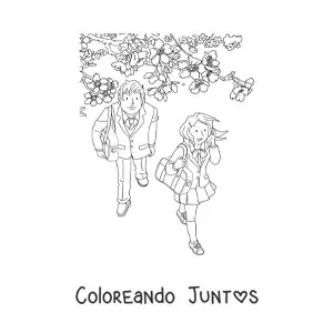 Imagen para colorear de una chica y un chico junto a un árbol de cerezo