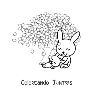 Imagen para colorear de dos conejos animados junto a un árbol de cerezo