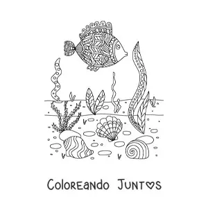 Imagen para colorear del fondo marino con algas y un pez