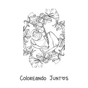 Imagen para colorear de una mamá con su bebé rodeada de flores