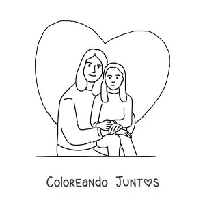 Imagen para colorear de una mamá y su hija con un corazón en el fondo