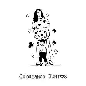 Imagen para colorear de una mamá enseñando a su hijo a caminar