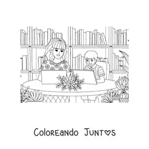 Imagen para colorear de una mamá usando la computadora con su hijo