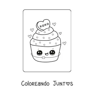 Imagen para colorear de un cupcake kawaii de San Valentín